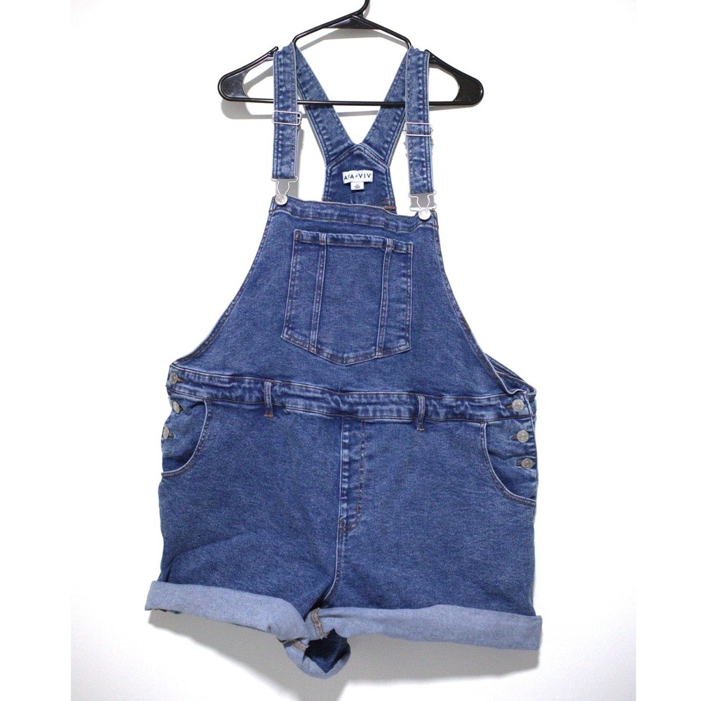 Ava & Viv Blue Denim Shortalls Womens Size 22 Medium Wash Cuffed Jean Overalls